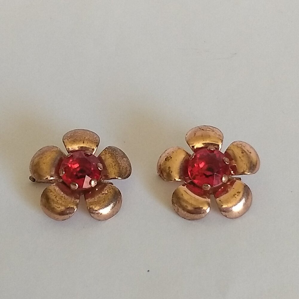 Copper Tone Red Rhinestone Cufflinks Spring Floral Flower Glam Party Fun